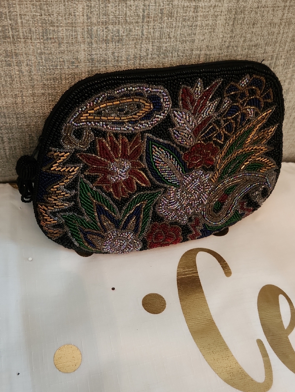 Beaded Floral Embellished Black Wristlet Clutch